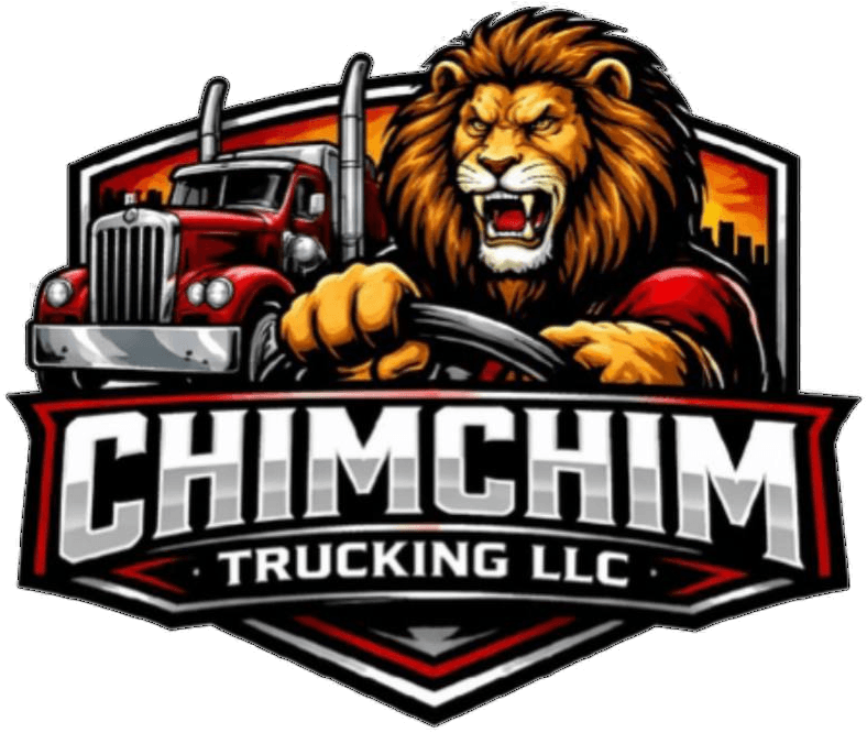 Chimchim Trucking LLC badge: a lion at the wheel beside a red semi